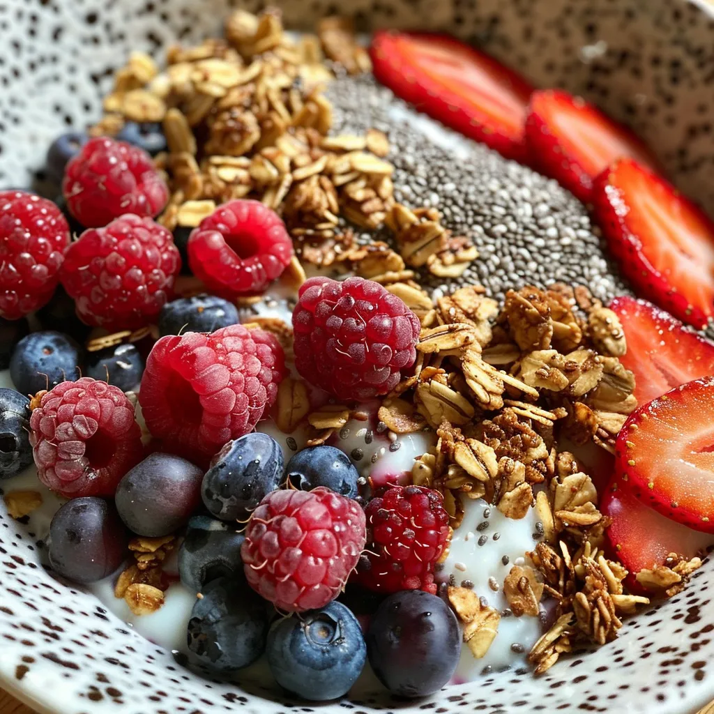 Tigela de iogurte com granola e frutas, capturada com um iPhone 15 Pro.