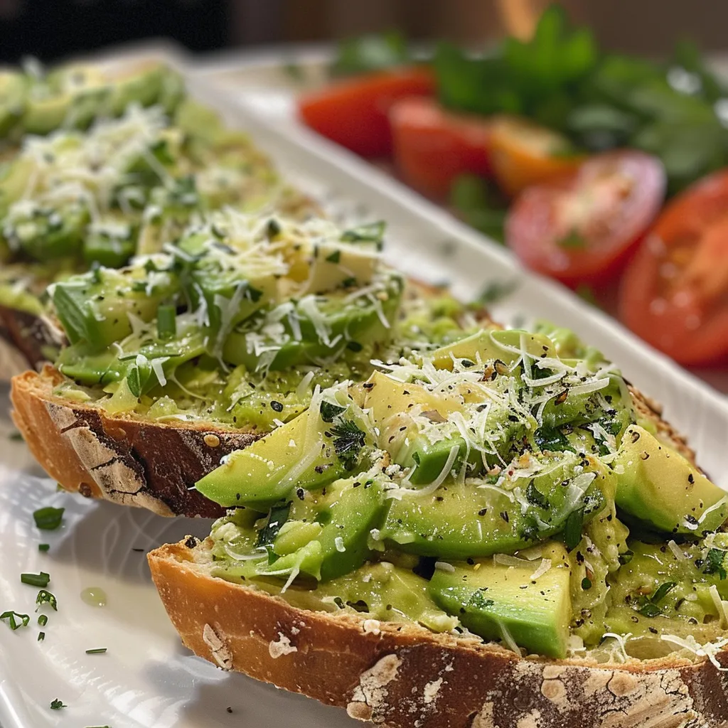 Slices of sourdough bread topped with avocado and citrus, with cherry tomatoes and greens on display.