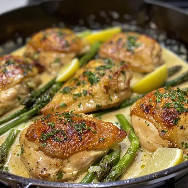 Prato de frango cremoso com limão e aspargos, mostrado de lado.