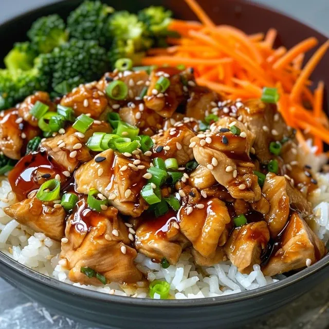 Tigela de arroz com frango teriyaki, brócolis e cenoura em vista lateral.