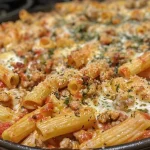 Close-up of a cheesy spinach pasta bake with ziti and melted mozzarella.