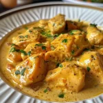 Close-up view of creamy chicken curry with a rich golden color.