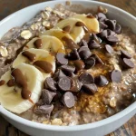 Prato de aveia de chocolate com amêndoas, com camadas visíveis de ingredientes.