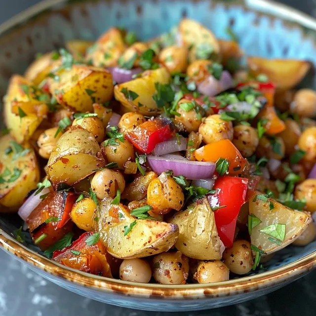 Um close-up de uma tigela de legumes assados mediterrâneos, coloridos e vibrantes.