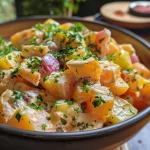 Close-up of a vibrant potato salad with mayonnaise, showcasing colorful ingredients.