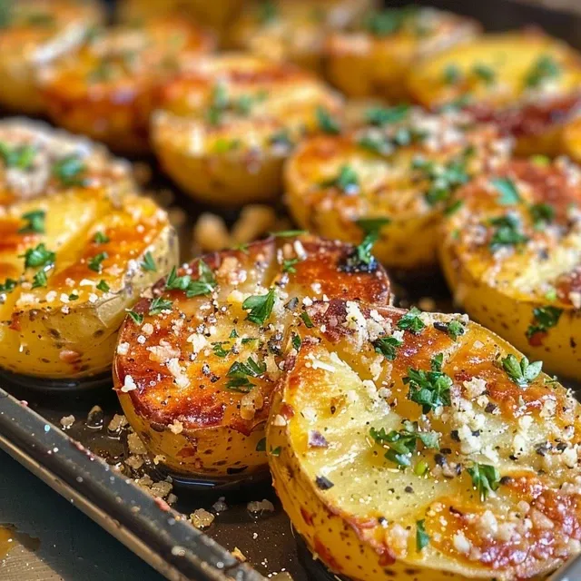 Batatas crocantes douradas com parmesão e alho em close.