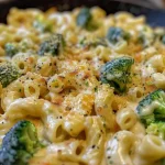 Close-up side view of creamy broccoli cheese pasta in a bowl.