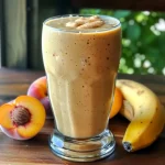 Close-up de um smoothie de pêssego e banana em um copo transparente.