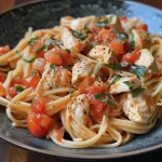 Close-up de peito de frango cremoso com molho de tomate e manjericão.