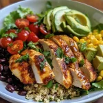 Prato de frango suculento e quinoa, decorado com vegetais coloridos e molho.