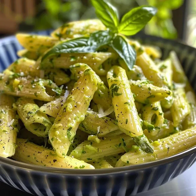 Close-up of creamy avocado pasta with penne noodles and spinach.