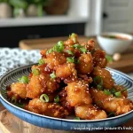 Prato de frango chinês crocante ao mel, servido com gergelim e cebolinhas.