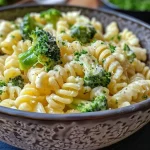 Close-up of creamy broccoli pasta in a bowl, showcasing vibrant green florets.