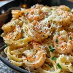 Prato de massa fettuccine com camarões ao alho e manteiga em close.