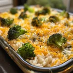 Close-up da caçarola de brócolis e queijo, exibindo arroz coberto com queijo derretido.