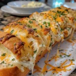 Close-up of golden, cheesy garlic stuffed bread with a crispy crust.