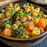 Tigela colorida de grão de bico com legumes assados e quinoa.