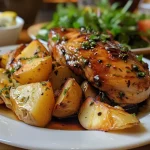 Close-up of juicy lemon balsamic chicken with roasted potatoes.