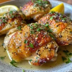 Close-up of lemon garlic butter chicken skillet with green beans.