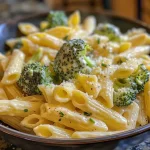 Close-up of a plate of Broccoli Cheese Pasta with creamy sauce and vibrant broccoli.
