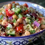 Uma tigela de quinoa mediterrânea com vegetais frescos e molho.