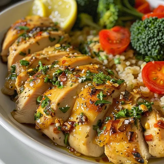 Bowl de Frango ao Lim o e Alho: Uma Explos o de Sabores e Praticidade Prato de frango ao limão e alho com arroz, brócolis e tomates cereja.