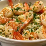 Close-up of juicy garlic butter shrimp with rice in a skillet.