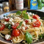 Close-up of Baked Feta Pasta with juicy tomatoes and fresh herbs.