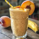 Smoothie de banana e pêssego em um copo transparente, com textura cremosa.