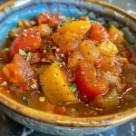Close-up of roasted tomato pasta sauce with vibrant ingredients.