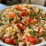 Close-up of Tomato Basil Rice with fresh basil and diced tomatoes.