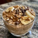 Close-up of creamy peanut butter overnight oats topped with sliced bananas and chocolate chips.