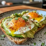 Tigela de café da manhã com abacate, ovos fritos, e temperos.