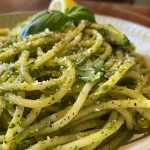 Close-up of creamy avocado pesto pasta with basil and garlic.