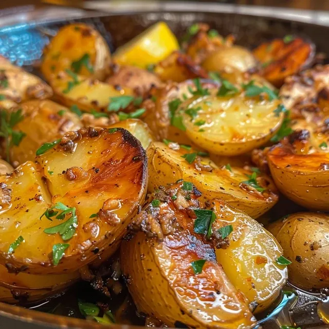 Descubra o Sabor das Batatas Gregas ao Lim o: Uma Receita Irresist vel Close-up of golden Greek lemon potatoes with herbs and garlic.