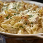 Prato de Frango Alfredo com Três Queijos em close, com camadas de queijo derretido.