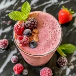 Smoothie de manteiga de amêndoas com frutas vermelhas em um copo transparente.