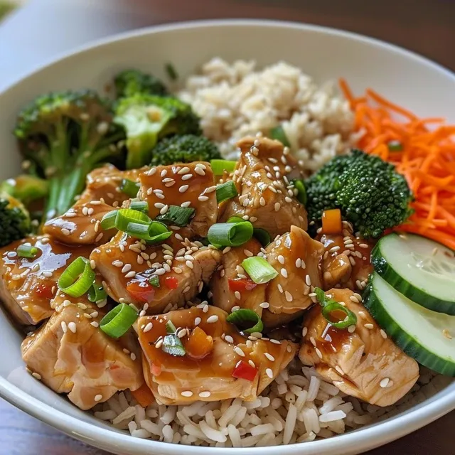 Cumbucas de Frango Pegajoso: Sabor e Sa de em Cada Garfada Close-up de um prato de Bowls de Frango Pegajoso Saudáveis com arroz integral, brócolis e cenouras.