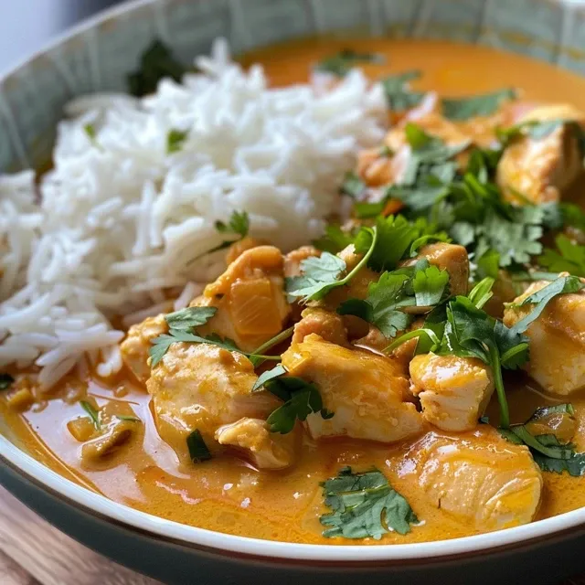 Side view of juicy Frango cremoso ao Curry served in a bowl.