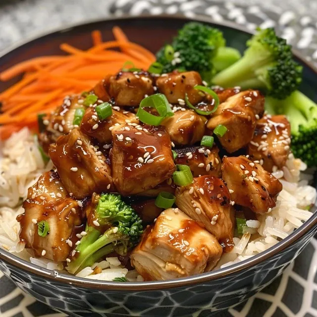 Detalhe de um bowl saudável com pedaços de frango, vegetais frescos e molhos brilhantes.
