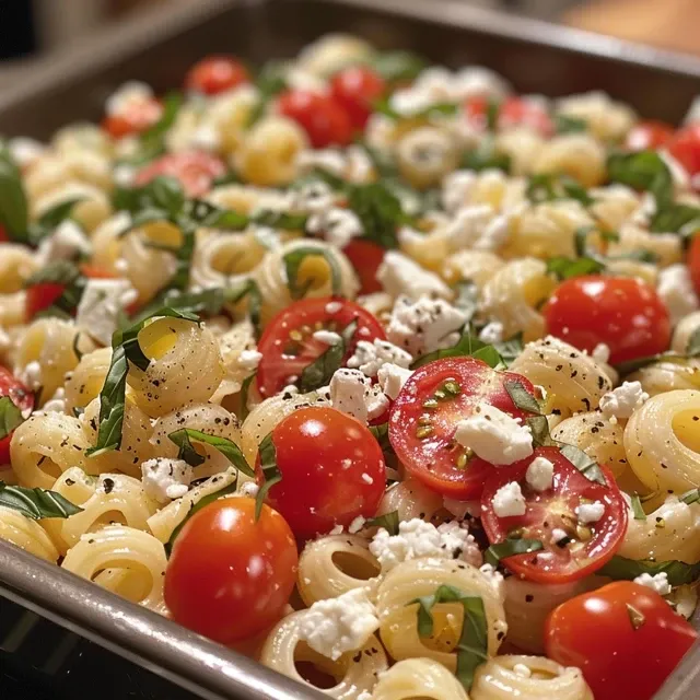 Side view of a steaming plate of baked feta pasta with vibrant cherry tomatoes and basil.