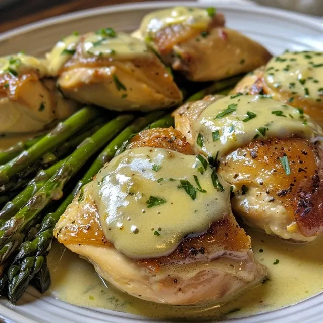 Close-up de peito de frango com molho cremoso e aspargos verdes.