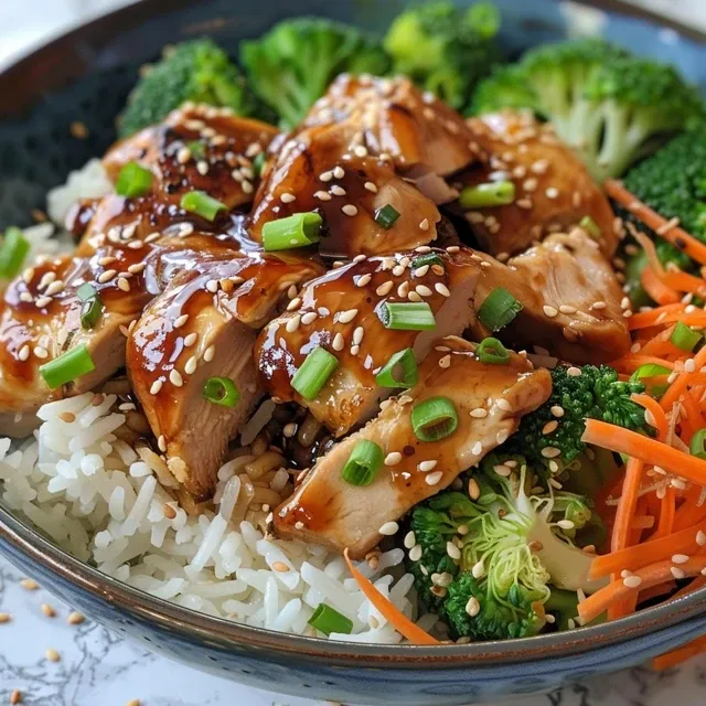 Close-up de um prato de frango teriyaki com arroz, legumes e gergelim.