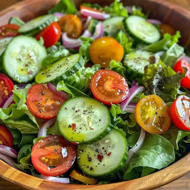 Close-up de uma salada colorida com fatias de cebola roxa e molho.