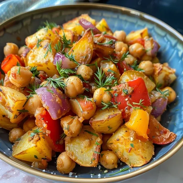 Tigela de legumes assados com batatas, grão-de-bico e pimentão, vista lateral.