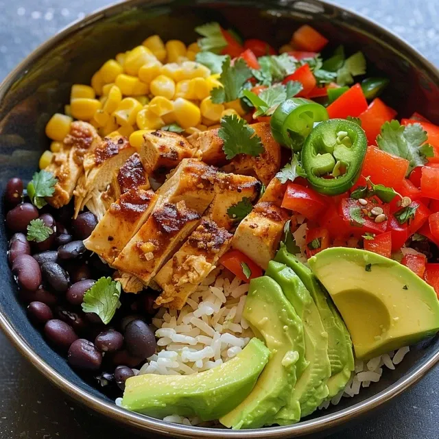 vibrant chicken burrito bowl with layers of rice, beans, and avocado slices.