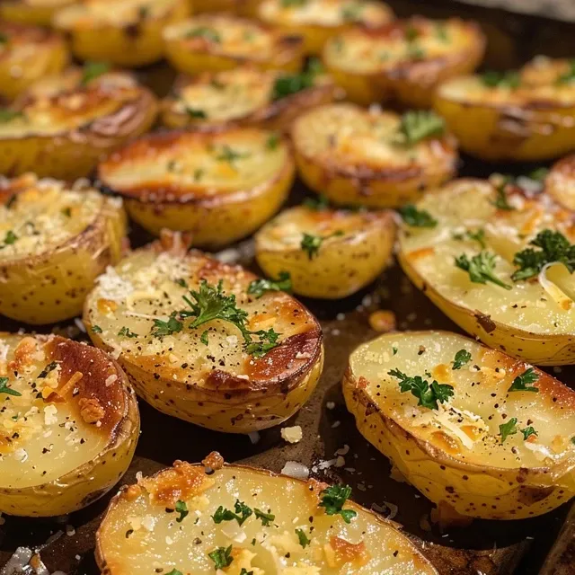 Mini batatas Yukon Gold cobertas com queijo parmesão derretido.