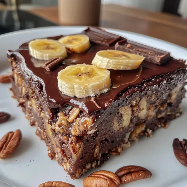 Vista lateral de um bolo de banana e chocolate, destacando a cobertura de chocolate derretido.