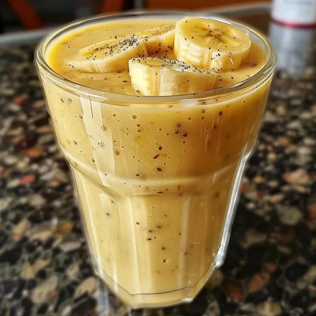 Smoothie cremoso e fresco, servido em um copo, com pedaços de fruta visíveis.