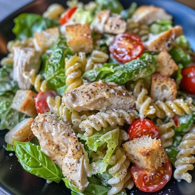 Side view of a vibrant pasta salad featuring chicken, romaine lettuce, and cherry tomatoes.